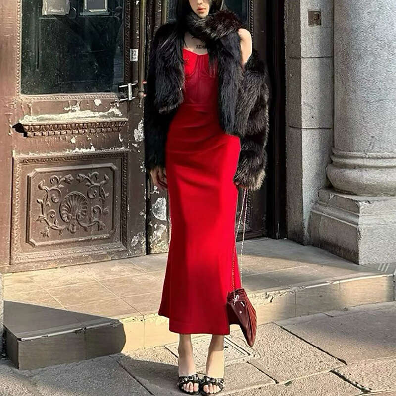 2023 Autumn Winter New Women's Solid Color Slim Fit High Waist Fashion Off-Shoulder Tube Dress e85