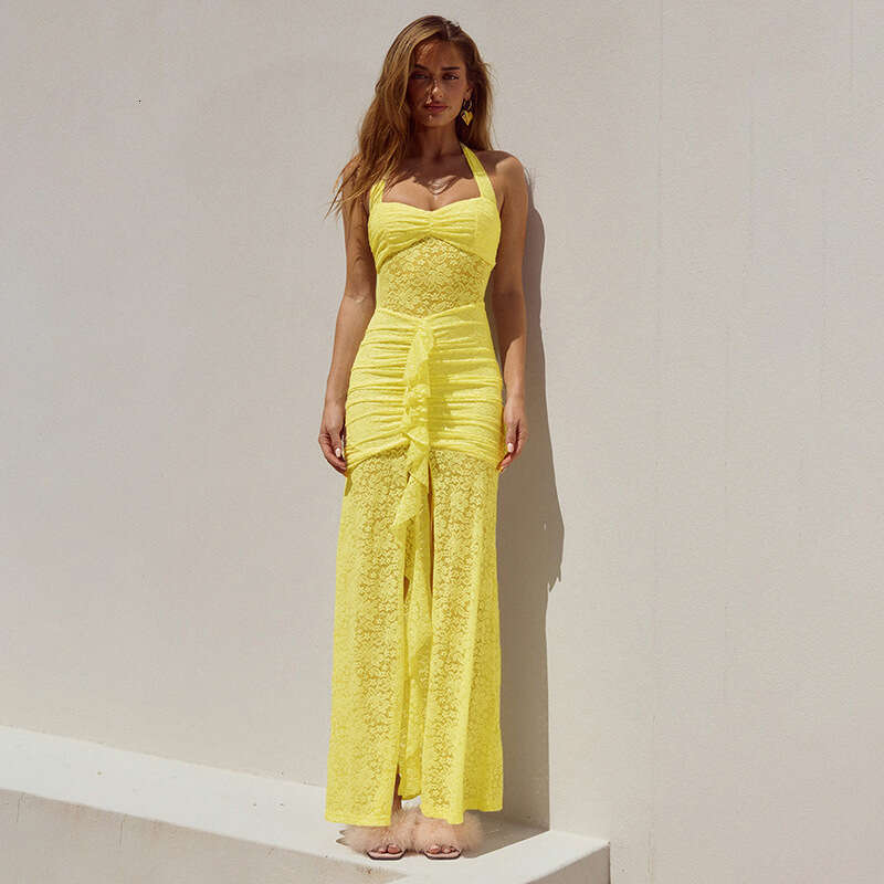 D25ds122 Women's Spring And Summer New Solid Color Lace Backless Split Sexy Dress B5