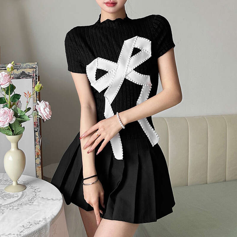 2024 Spring New Women's Solid Color Slim Fit Fashion Round Neck Regular Shoulder Short Sleeve Top adb