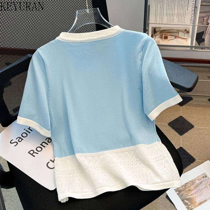 Designer Leisure High Quality 2025 Summer Thin Ice Silk Knitted Sweater T-shirt Women Round Neck Short Sleeve Patchwork Pullovers Knitwear Tops Ladies