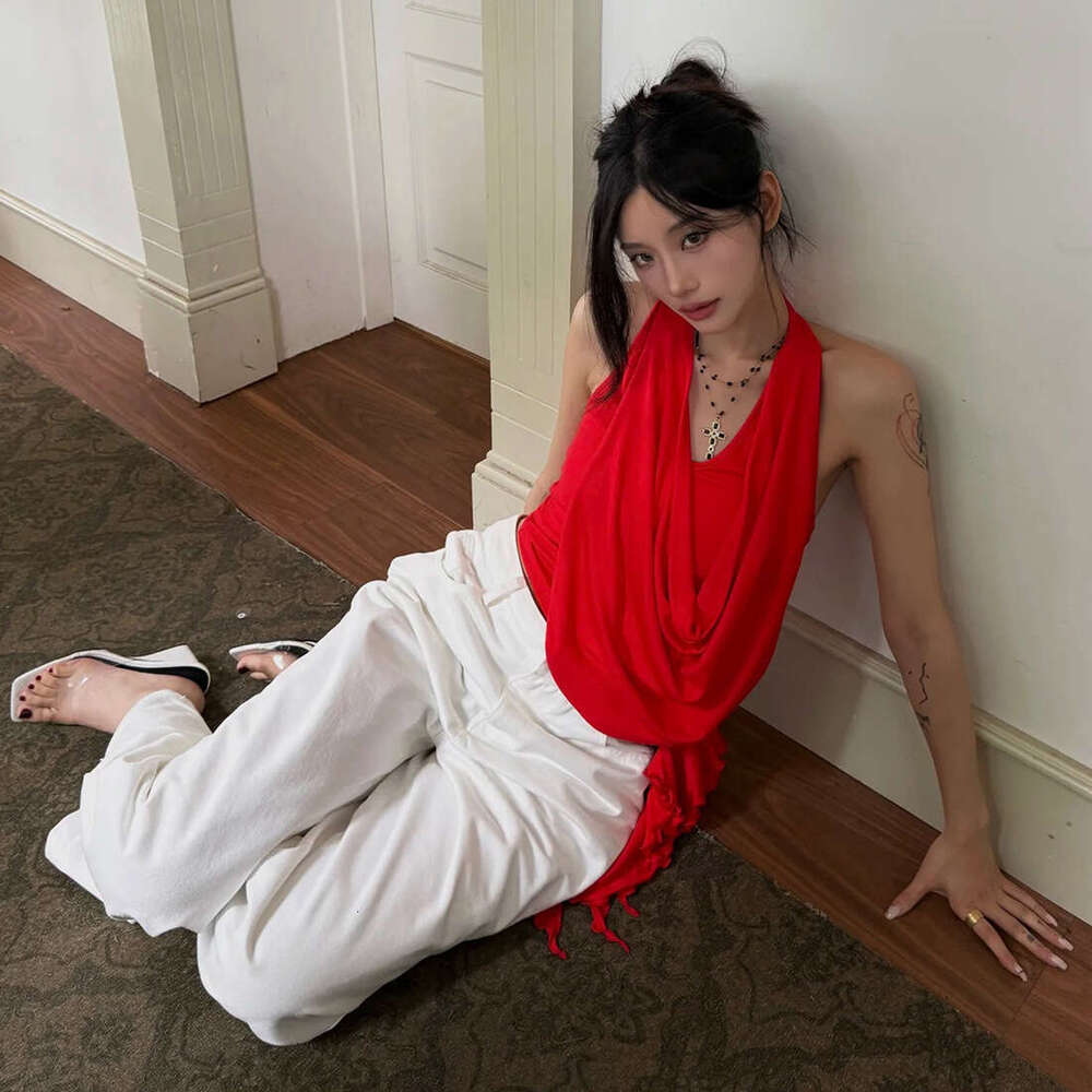 2025 Summer New Fashion Trend Solid Color Halter Neck Slim Fit Irregular Ribbon Versatile Women's Top e02