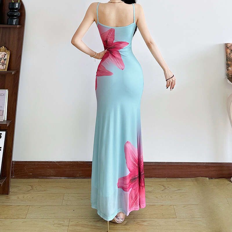 2025 Summer New Sexy Sleeveless Strap Printed Slim Fit Long Dress Women's Fashion 1e5