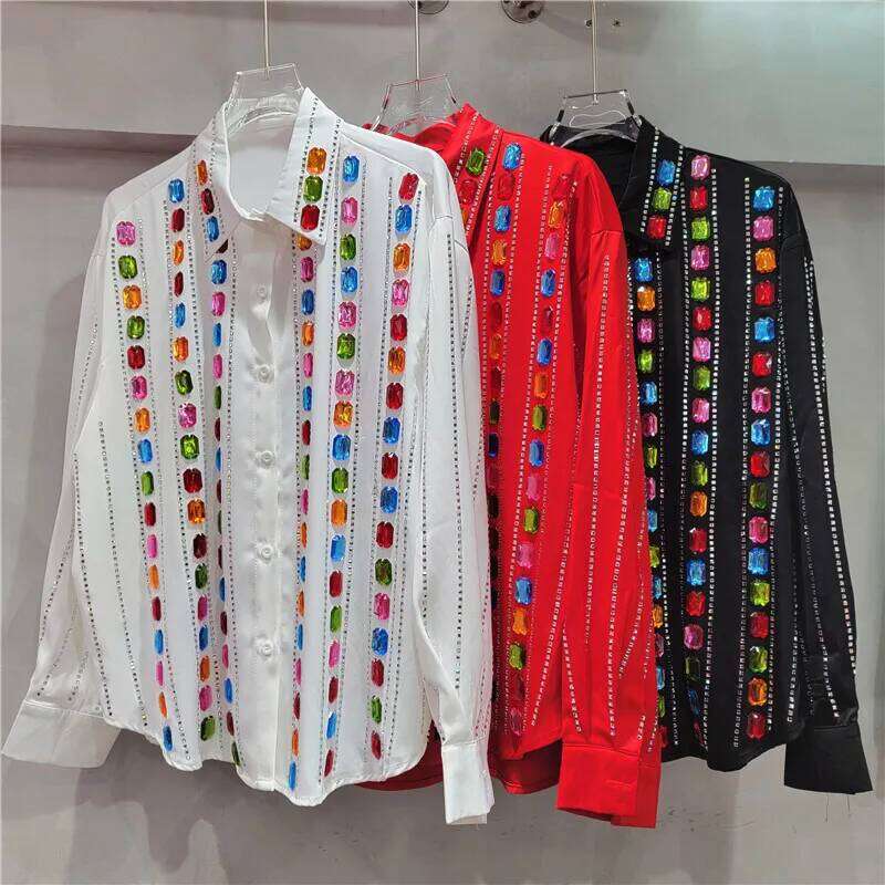 Women's Shirt Loose Single Breasted Striped Rhinestone Handmade Color Dia Blouse Summer 2025 New Fashion 29A1519