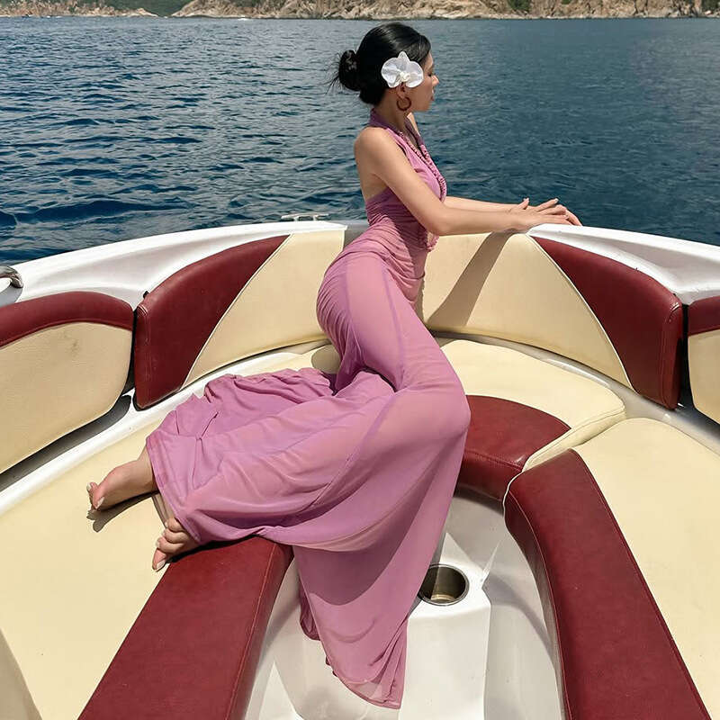 2025 Summer New Style Personality Hollow Sexy Slim Fit Elegant Sleeveless Halter Neck Long Dress Women's Clothing d8f