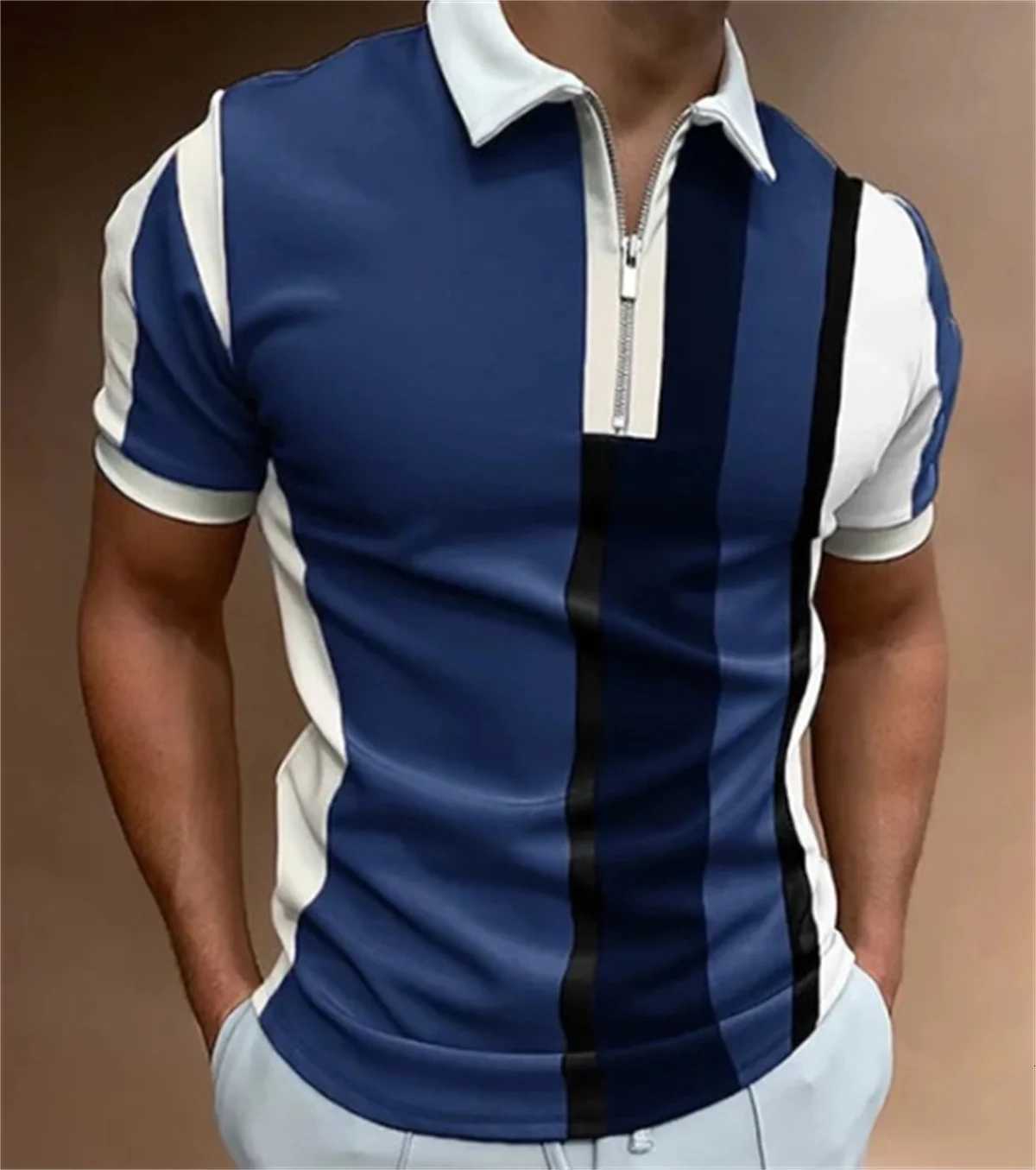 Summer New Mens Casual Striped Printed Polo Shirt Mens Fashion Short Sleeve Zipper Lapel Polo Shirt XJ250725