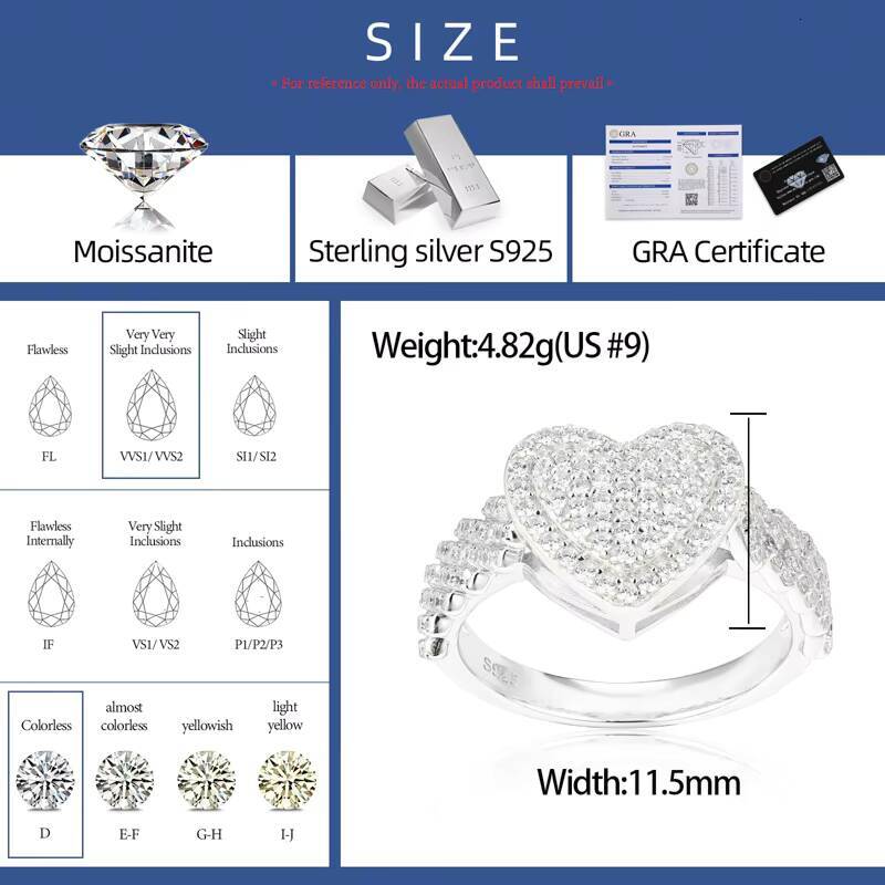 Fashion Anniversary Gift Sparkling Jewelry 925 Sterling Silver VVS Moissanite Diamond Iced Out Heart Finger Ring