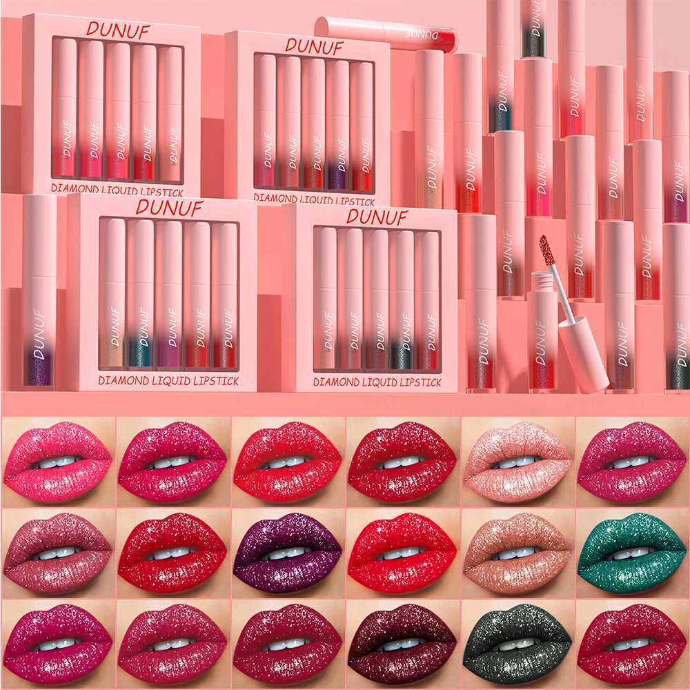 DUNUF 5-piece Set of Matte Diamond Sparkle Lipsticks and Lip Gloss Waterproof and Transfer-proof Lipstick SetXJ250724