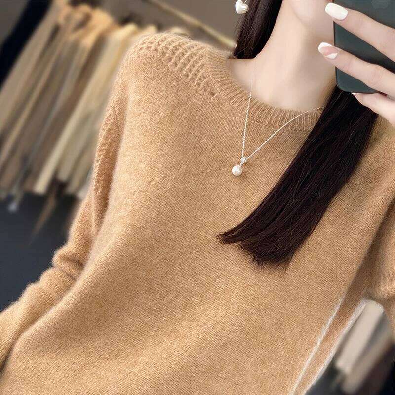 Autumn/Winter New 100% Pure Wool Sweater Casual Solid Color Knit Blouse Round Neck Hollow Tops Loose Fashion Ladies Pullover MDNG
