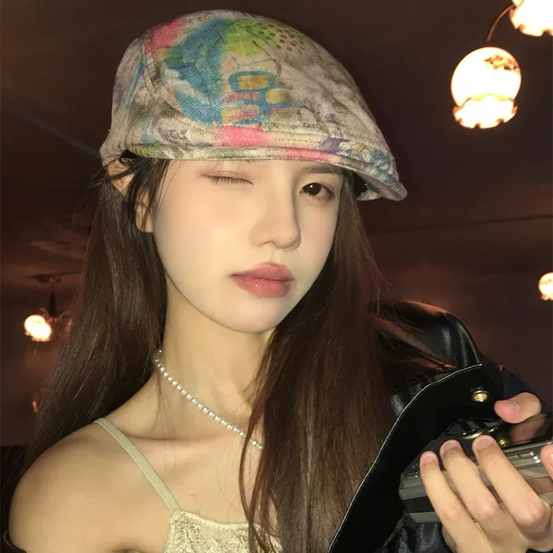 Y2K American Spice Girl Personalized Graffiti Forward Hats for Women Spring Summer Thin Niche Retro Beret Cap Gorras 250723