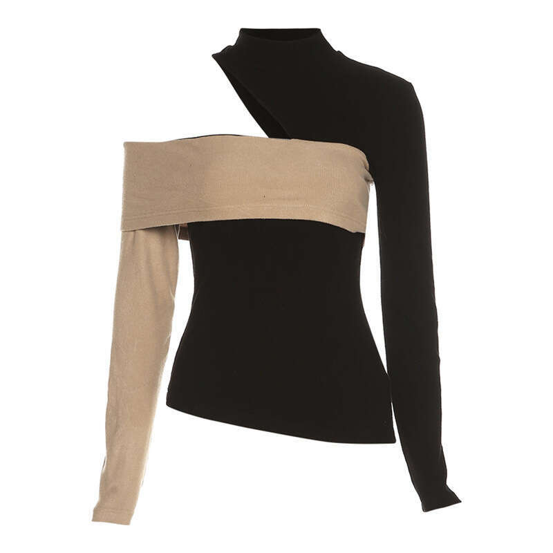 2021 Autumn New Women's Sexy Slim Fit Fashion Irregular Color Block Off-Shoulder Long Sleeve T-Shirt bef