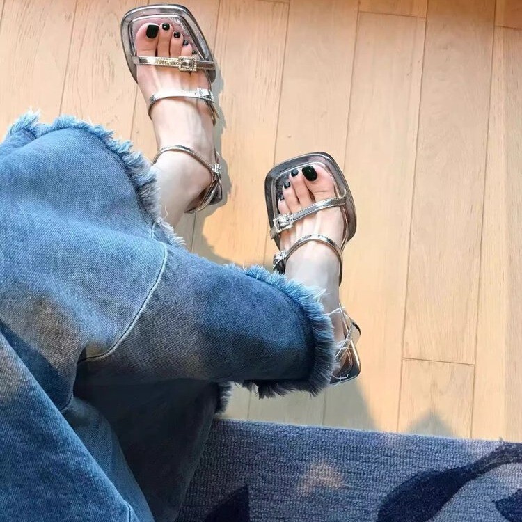 Ddmysports Rhinestone Elegant Sandals For Women New Summer Silver Square Open Toe One Strap Thick Heel High Heels Outdoor Shoes