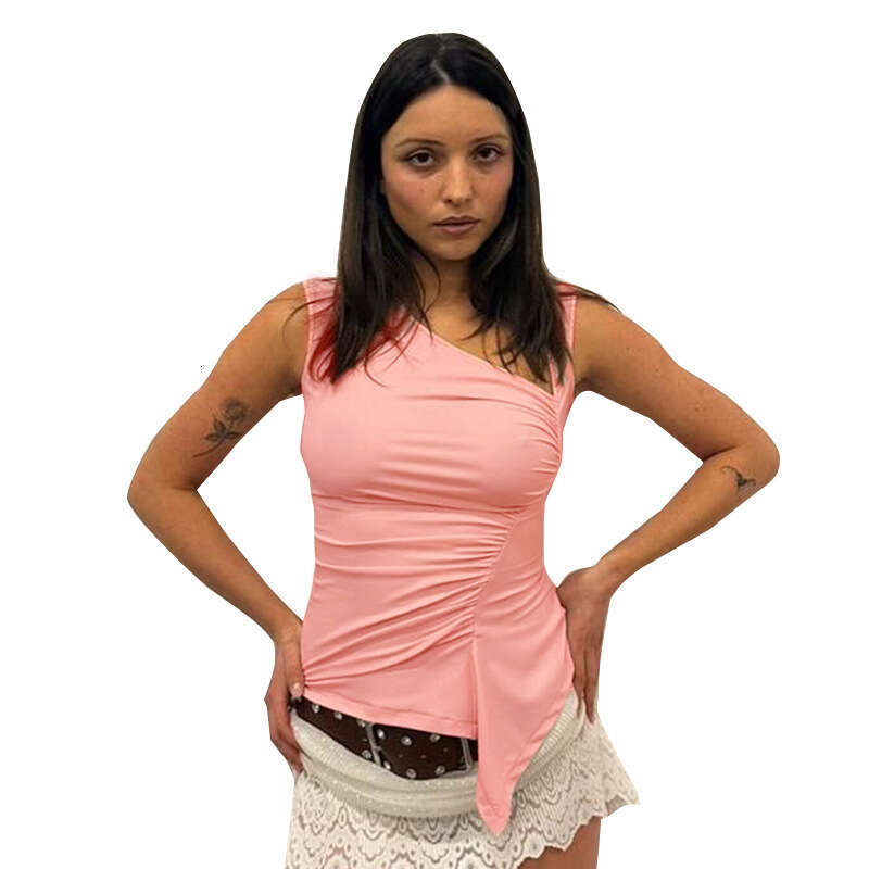 Qtp3 Women's Summer New Solid Color Sleeveless Irregular Sexy Ruched T-Shirt Top B5