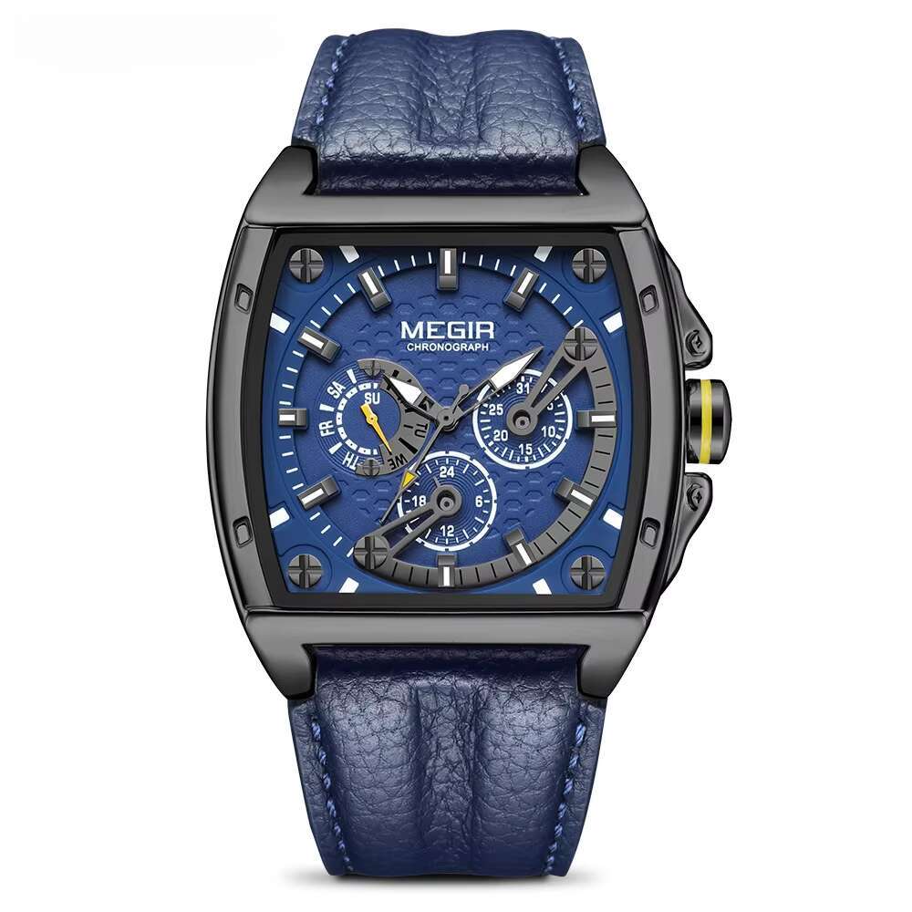 DHwatches MEGIR Men's Tonneau Watch - Chronograph, Luminous, 30M Waterproof, Leather Strap, Sporty Quartz Wristwatch