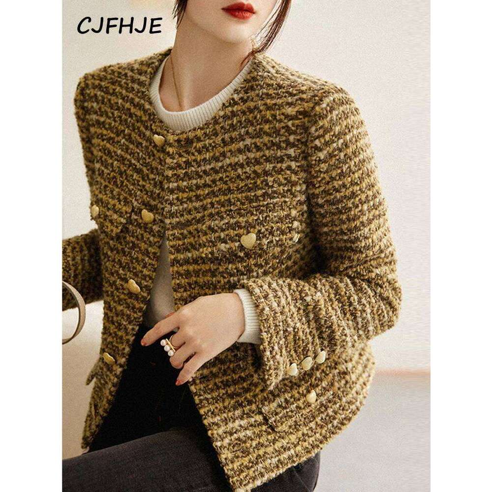 Designer Clothing 2025 CJFHJE Women's Gold Short Woolen Autumn Winter New Korean Fashion Tweed Coat Elegant Retro Female OL Outwear Wool Jacket