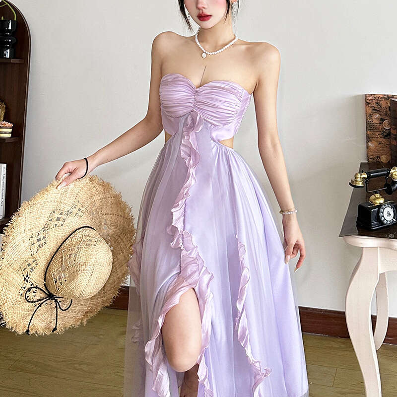 2025 Spring New Women's Solid Color Slim Fit High Waist Fashion Off-Shoulder Tube Dress 6e4