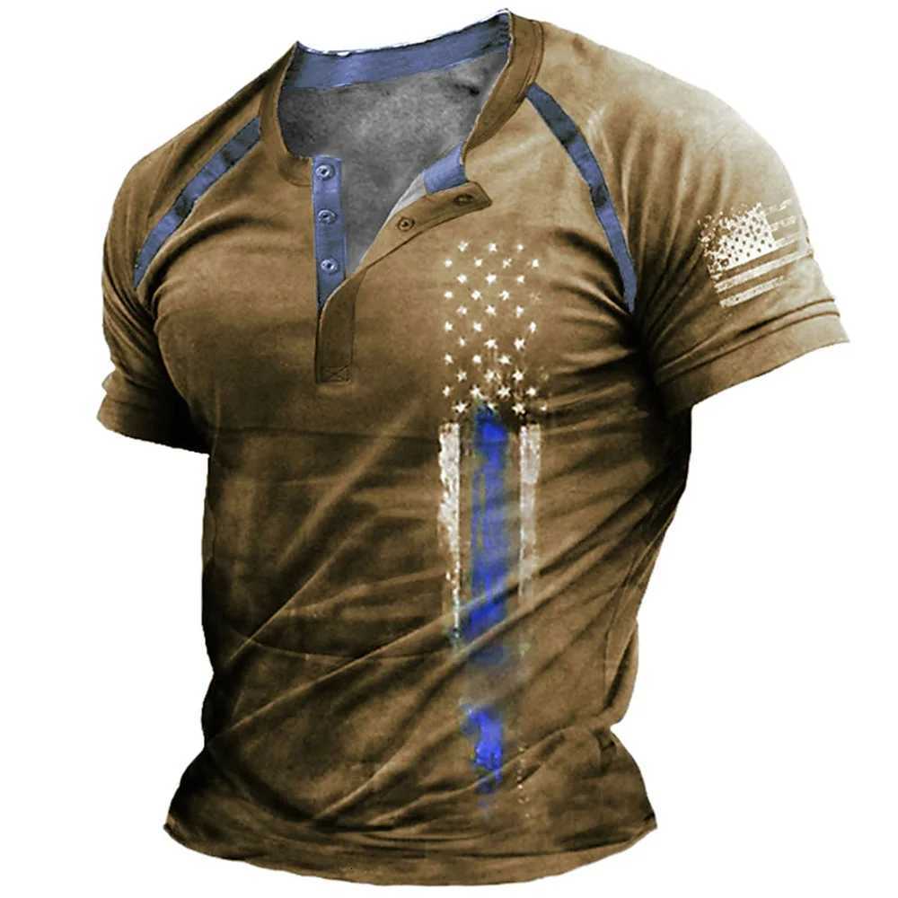 Vintage Button V-neck Navigation T Shirt Short Sleeve Gothic Henley Shirt For Men Oversized Tops Tee Shirt Men Punk Streetwear Y250724