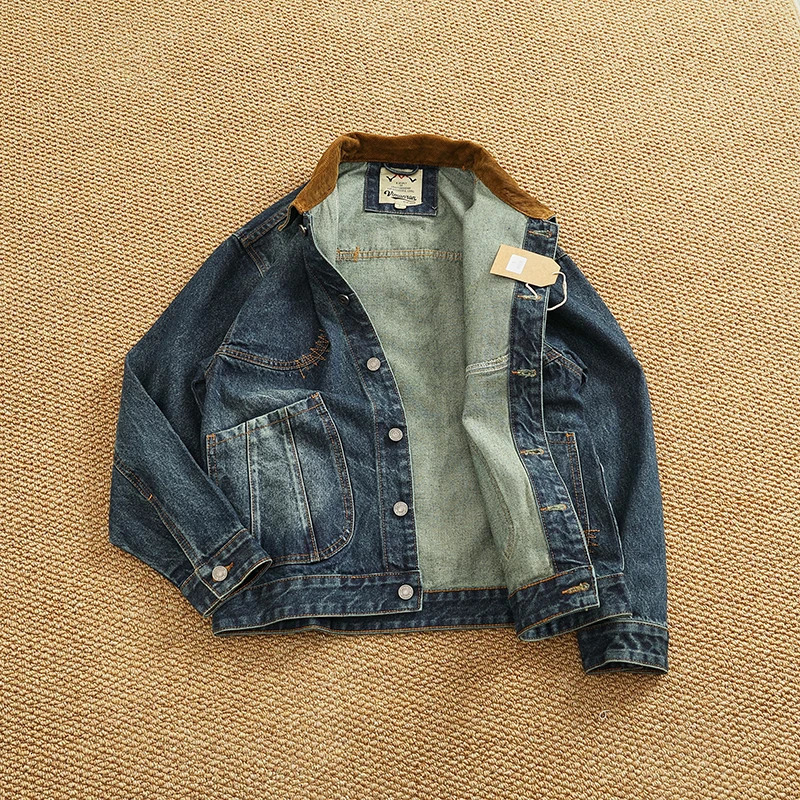 Spring American Retro Heavyweight Neckline Contrast Color Corduroy Washed Old Cargo Denim Jacket Mens Lapel Casual Coat 250717