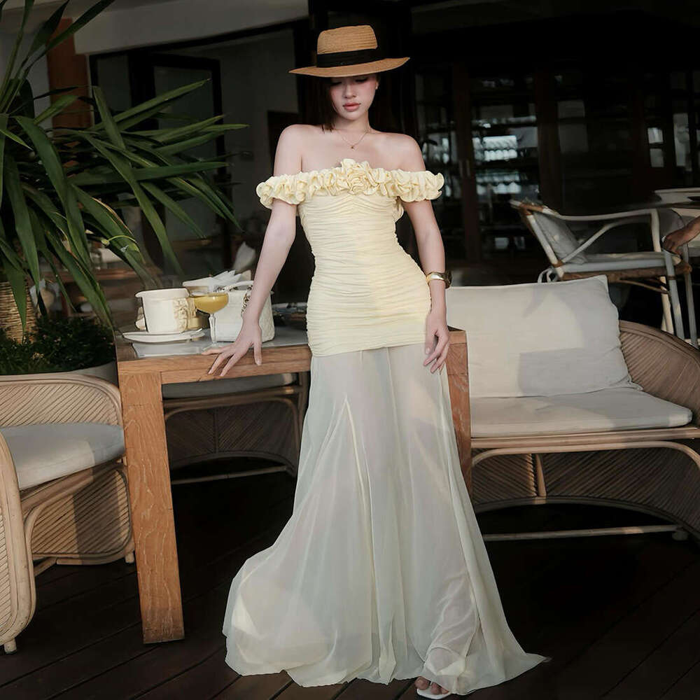 2025 Summer New Mesh Off-Shoulder Waist-Cinching Sleeveless Dress Slim Fit Elegant Midi Skirt for Women cd4