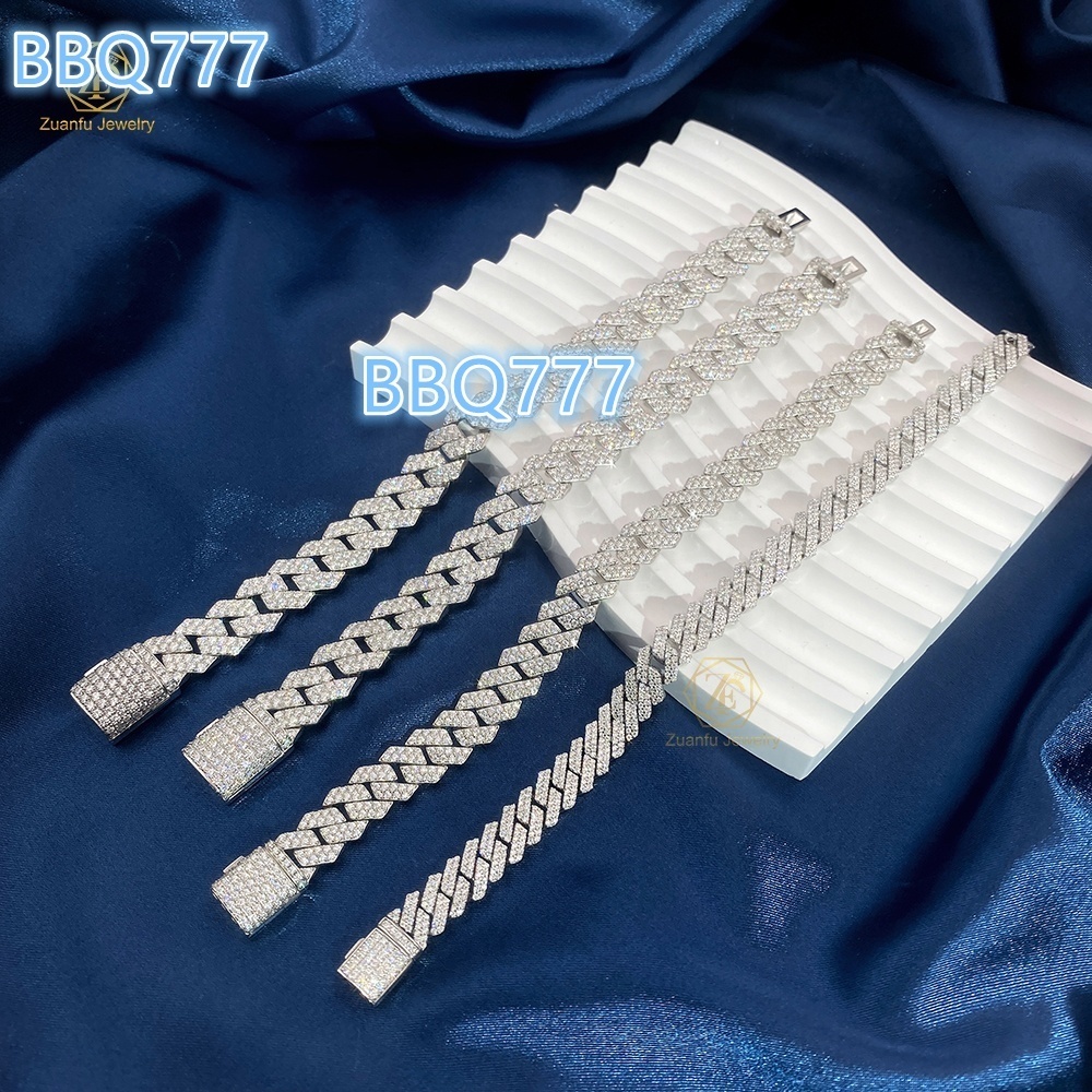 Wholesale Custom 8 10 12 mm 925 Sterling Silver Hiphop Jewelry Iced Out Diamond Moissanite Mossanite Cuban Bracelet