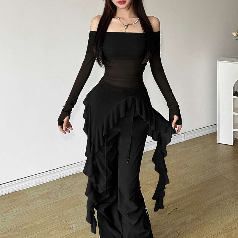 2024 Autumn New Women's Fashion Solid Color Slim Street Style Off-Shoulder Long Sleeve Sheer Top b87