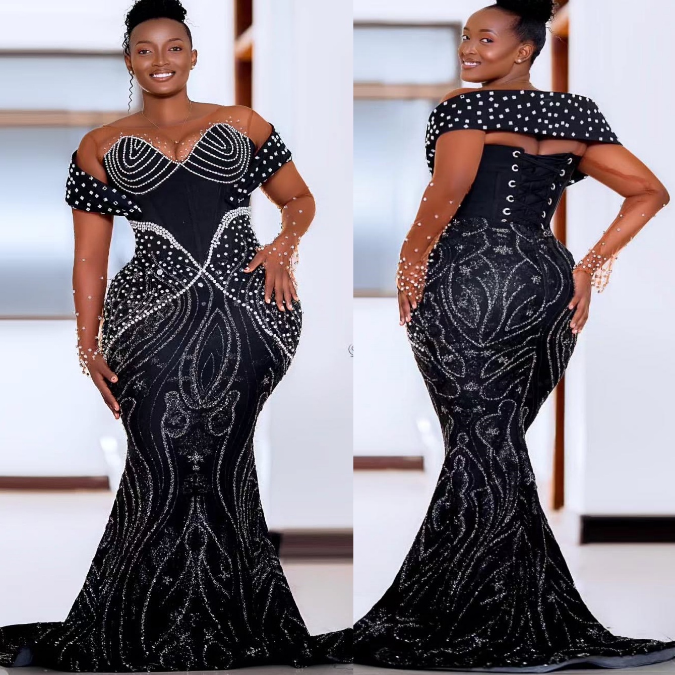 Mermaid Black Prom Dresses 2025 Pearls Crystals Sequined Sheer Neck Evening Formal Party Second Birthday Engagement Gowns Plus Size Dress For Special 