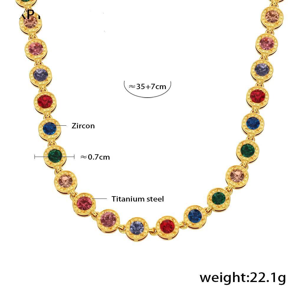 Stylish Jewelry Stainless Steel Bling Round Shape Cubic Zircon Tennis Chain Necklace PVD Plated Colorful Gemstone Necklace
