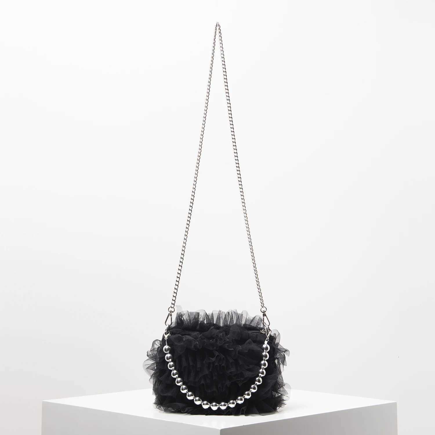 Netted Ruffled Tote Bags for Ladies Metal Chain Crossbody Bag Dresses for Women Elegant Bag for Women Wedding Items Y250725