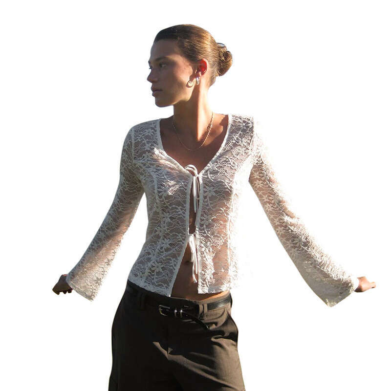 Y25tp1 Women's Summer New Solid Color Lace-Up Sexy Long Sleeve Blouse Top B5