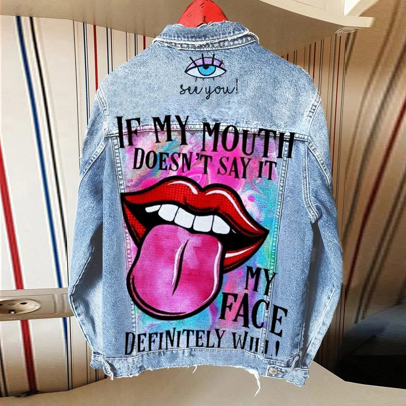 Womens Autumn Selling Street INS Net Red With The Same PLayful Tongue Out Print Pattern Lapel Denim Jacket 250724