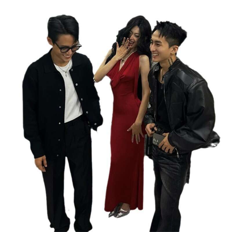 2023 Autumn Winter New Women's Solid Color Slim Street Fashion V-Neck Halter Backless Dress d71