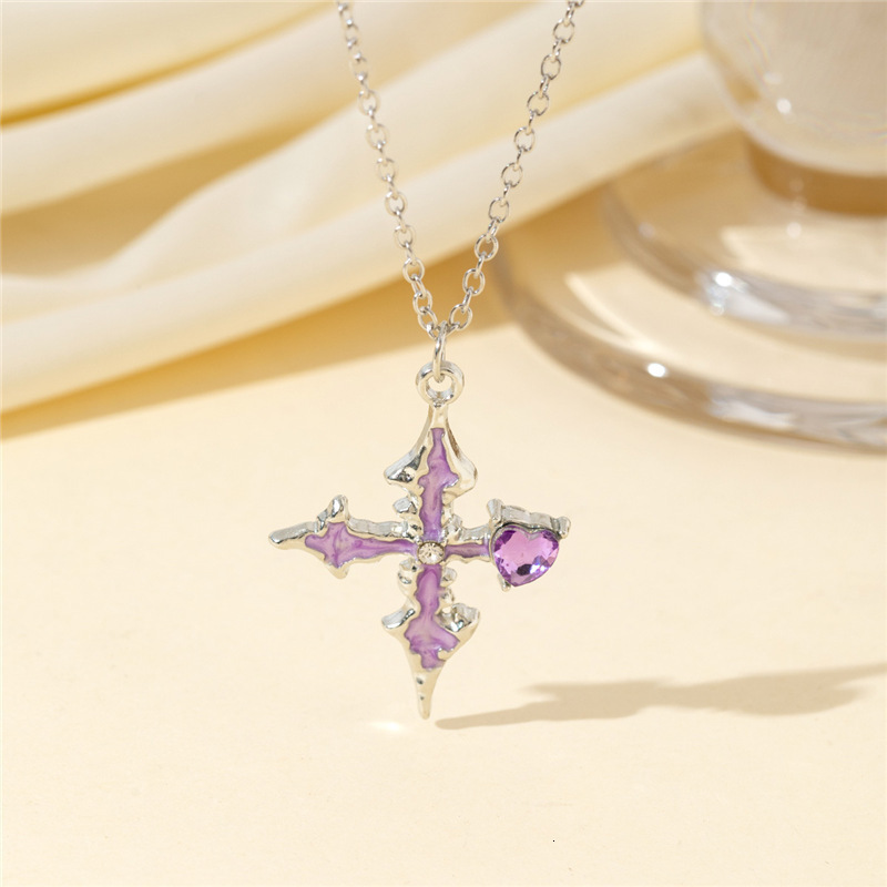 Eco-friendly Material Dark Style Purple Heart Cross Necklace Sparkling Exquisite Fashionable High-Value Versatile Collarbone Chain Jewelry for Women