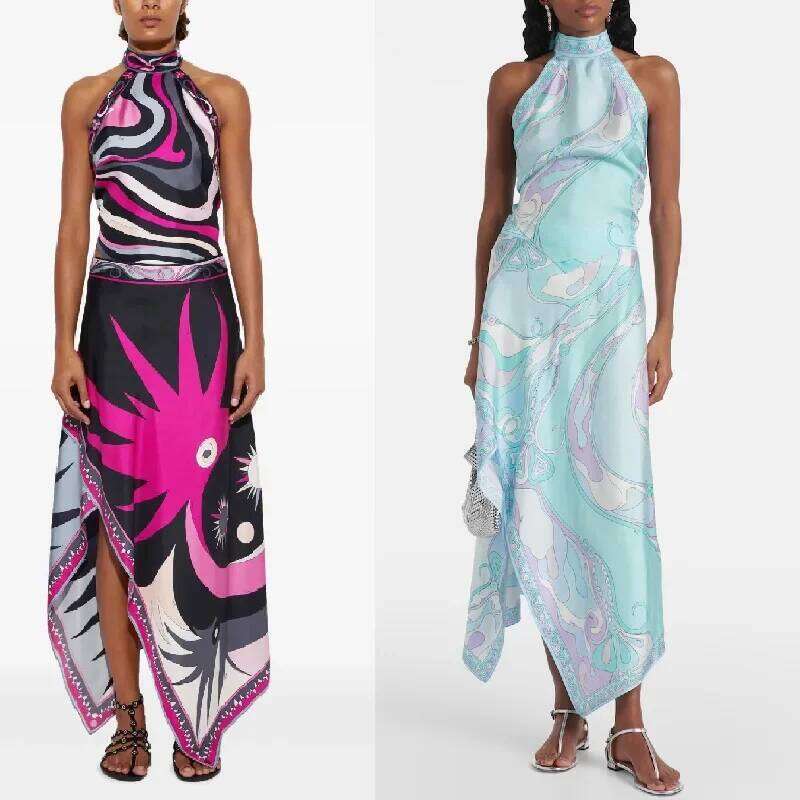 New 2025 Printed Satin Halter Backless Top And Asymmetrical Mini Skirt Two-Piece Set For Women Elegant Fashionable Ensemble