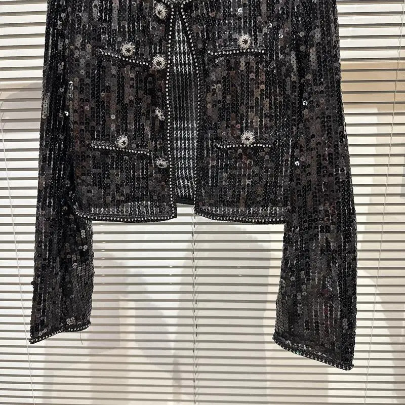 Spring Summer Sequin Shoulder Pad Sunscreen Short Coat Women White Black Pink Jacket 250725