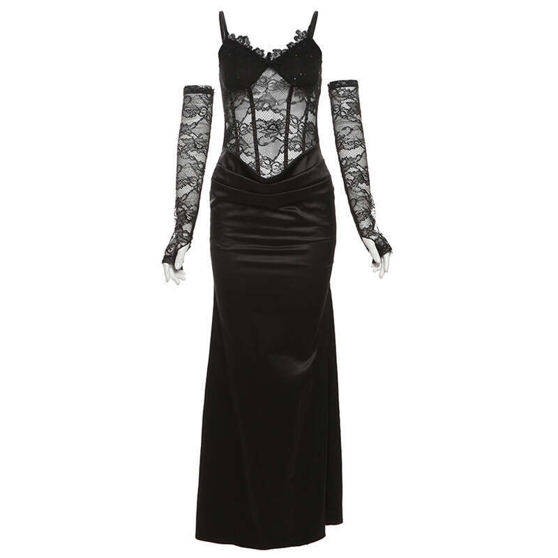 2024 Autumn Winter New Women's Solid Color Slim High Waist Fashion V-neck Strap Mesh Dress b12
