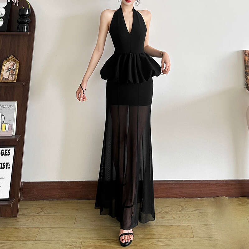 2025 Summer New Women's Solid Color Sexy Halter Neck Backless Waist-Cinching Bodycon Sheer Dress fc9