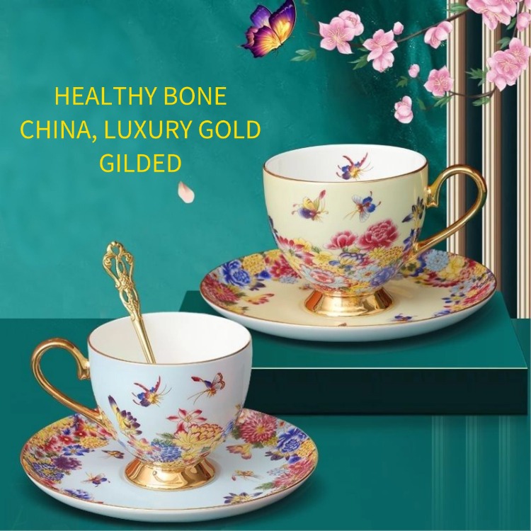 Cups & Saucers Retro French light luxury ancient porcelain enamel color set