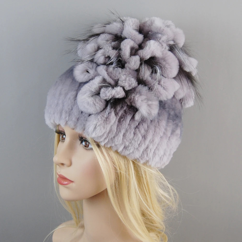 Women Fur Hat For Winter Handmade Natural Rex Rabbit Fox Fur Cap Russian Female Fur Headwear Warm Beanies Cap 250724