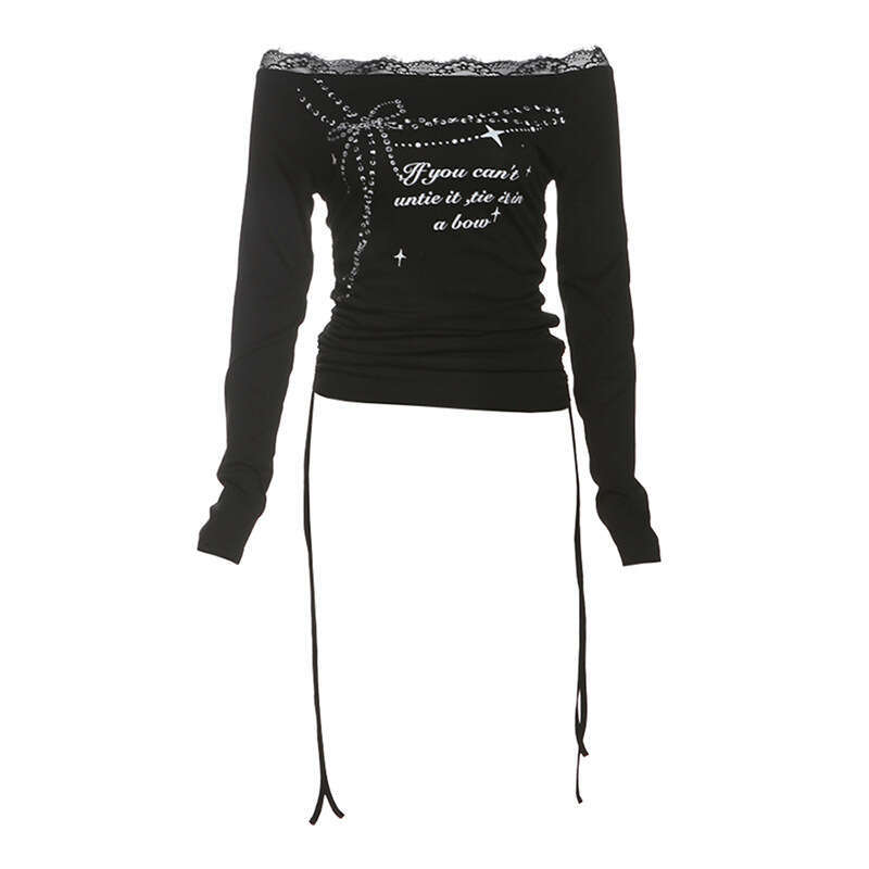 2024 Winter New Fashion Letter Print Long Sleeve Off-Shoulder Lace Trim T-Shirt for Women 586