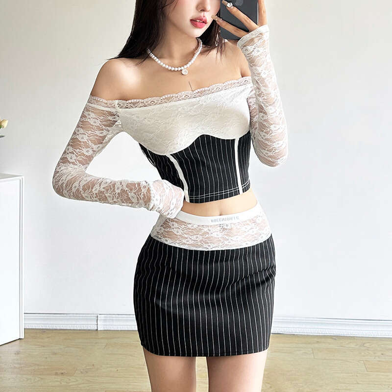 2024 Autumn New Women's Solid Color Off-Shoulder Long Sleeve Top Fashion High Waist Skirt 94c