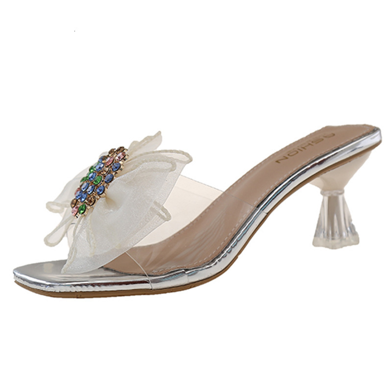 Ddmysports Transparent For Women Rhinestone Bowknot Elegant Outdoor Half Slippers With Crystal Heel Summer Style Open Toe Cool Sandals Outdoor Shoes
