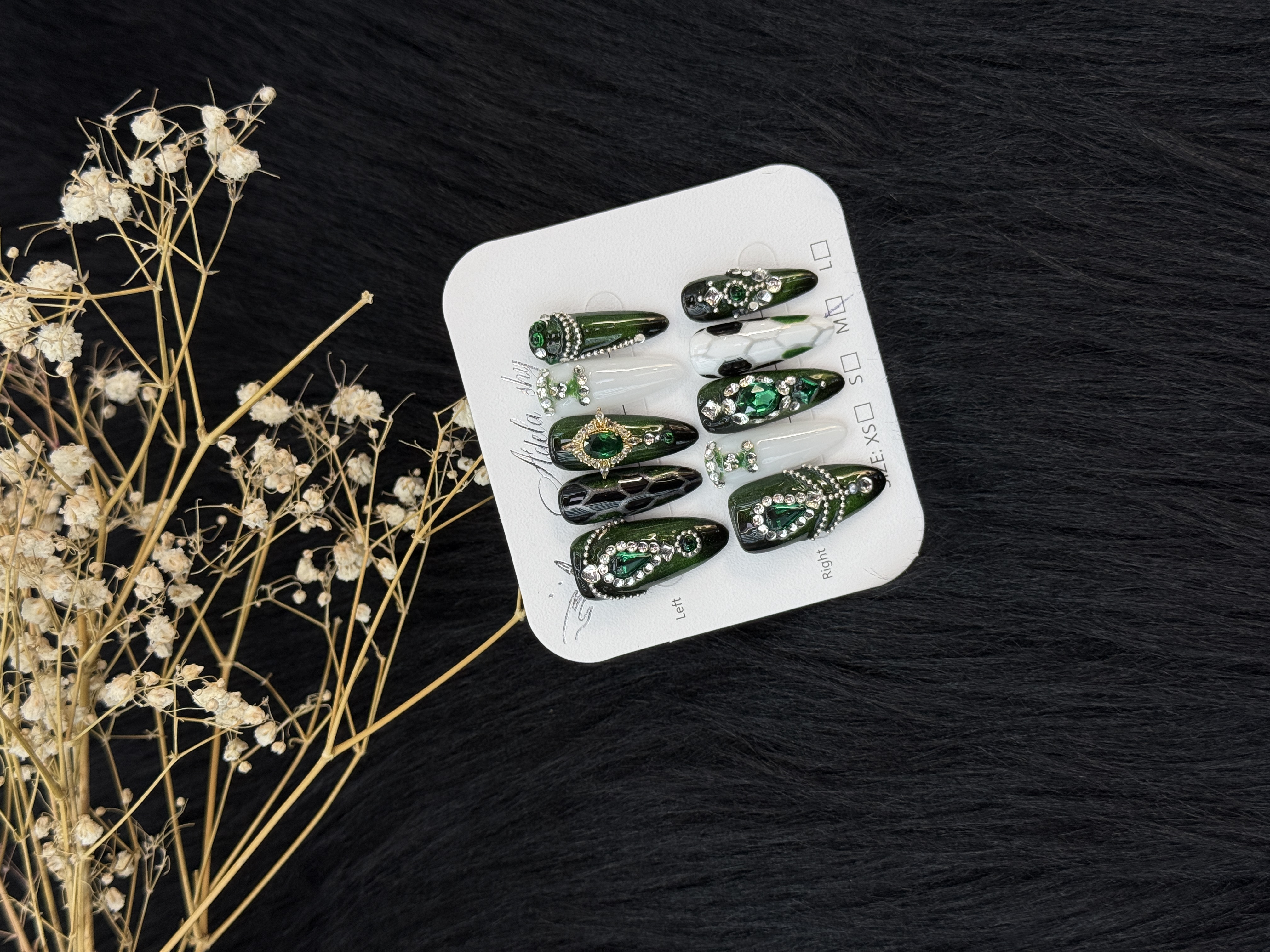 Gothic Emerald Gemstone Studded Stiletto Press - on Nails