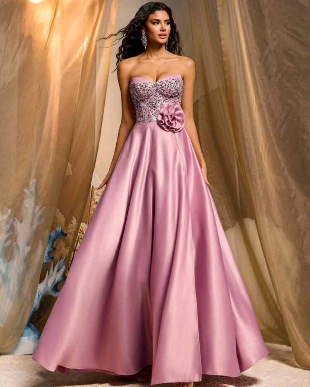 Luxury Satin Evening Dress Strapless Sleeveless Delicate Flowers Crystal Prom Dresses Special Occasion Gowns Customized