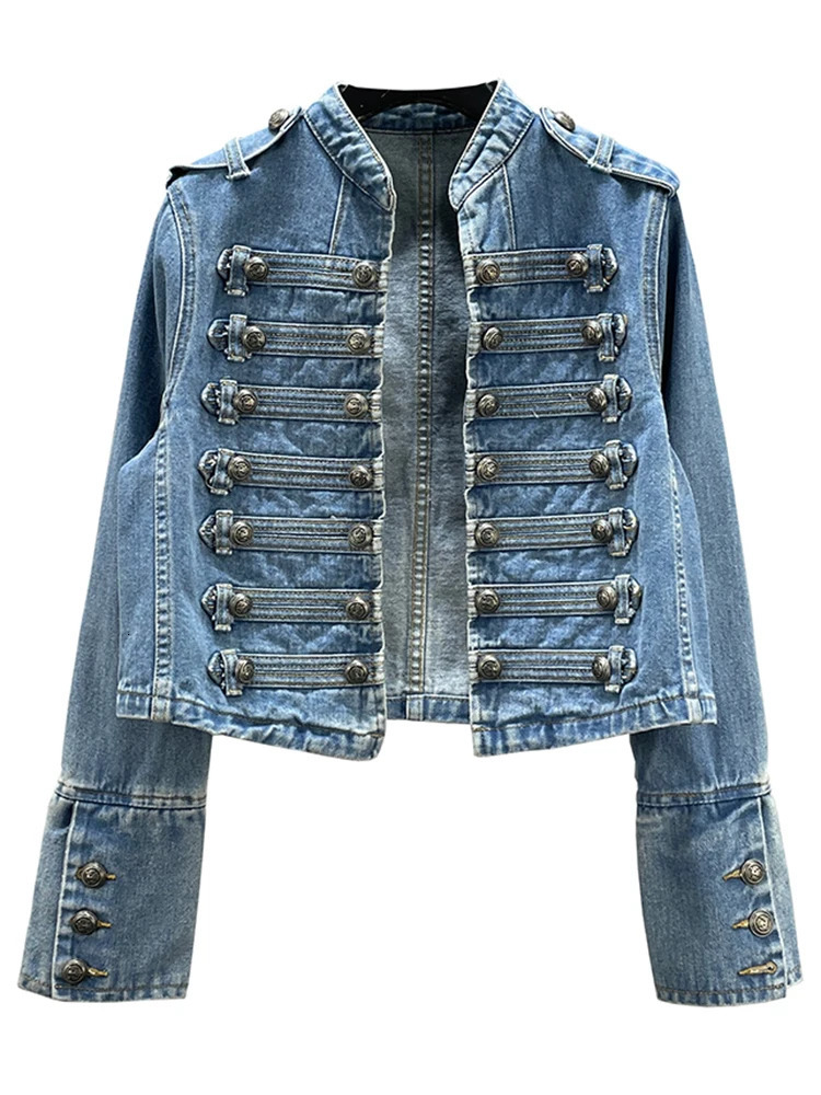 y Double Breasted Button Decors Denim Coat Long Sleeve Patchwork Outerwear Jeans Jackets Vintage Cardigan Streetwear Coats 250725