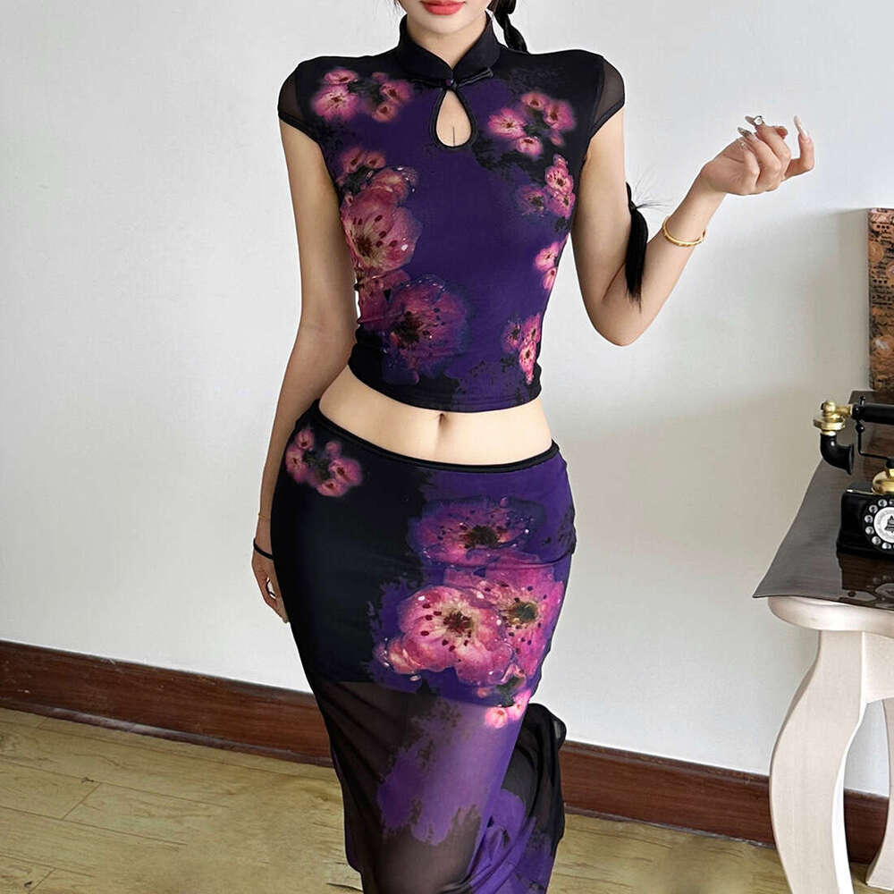 2025 Summer New Slim Fit Elegant Crop Top Versatile High Waist Printed Sexy Skirt for Women b8f