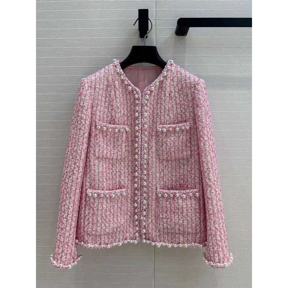 2025 Pure Handmade Ing Silk Liner Pink Plaid Woven Vintage Tweed Coat Women Pearls Pockets Long Sleeve Sweet Jacket
