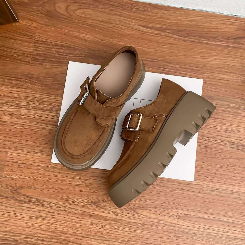 Yuanlitong 2025 Thick-Soled Loafers Korean Version Suede Uniform Leather for Women Outdoor Wear College Style Chunky Heel Shoes