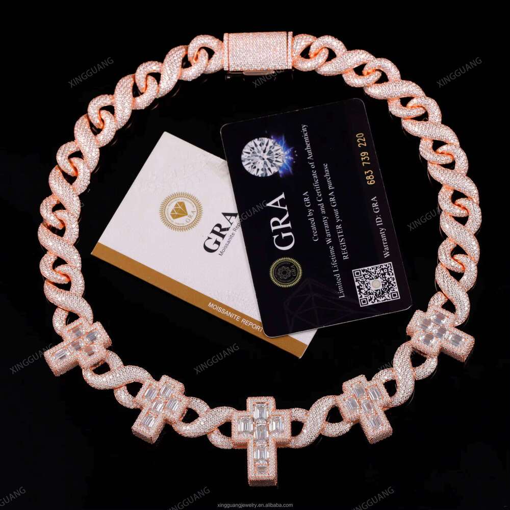 Rapper Style Ice Out 13mm Infinite Cuban VVS Baguette Moissanite Cross Hiphop Necklace S Rose Gold Plated Dia Chain