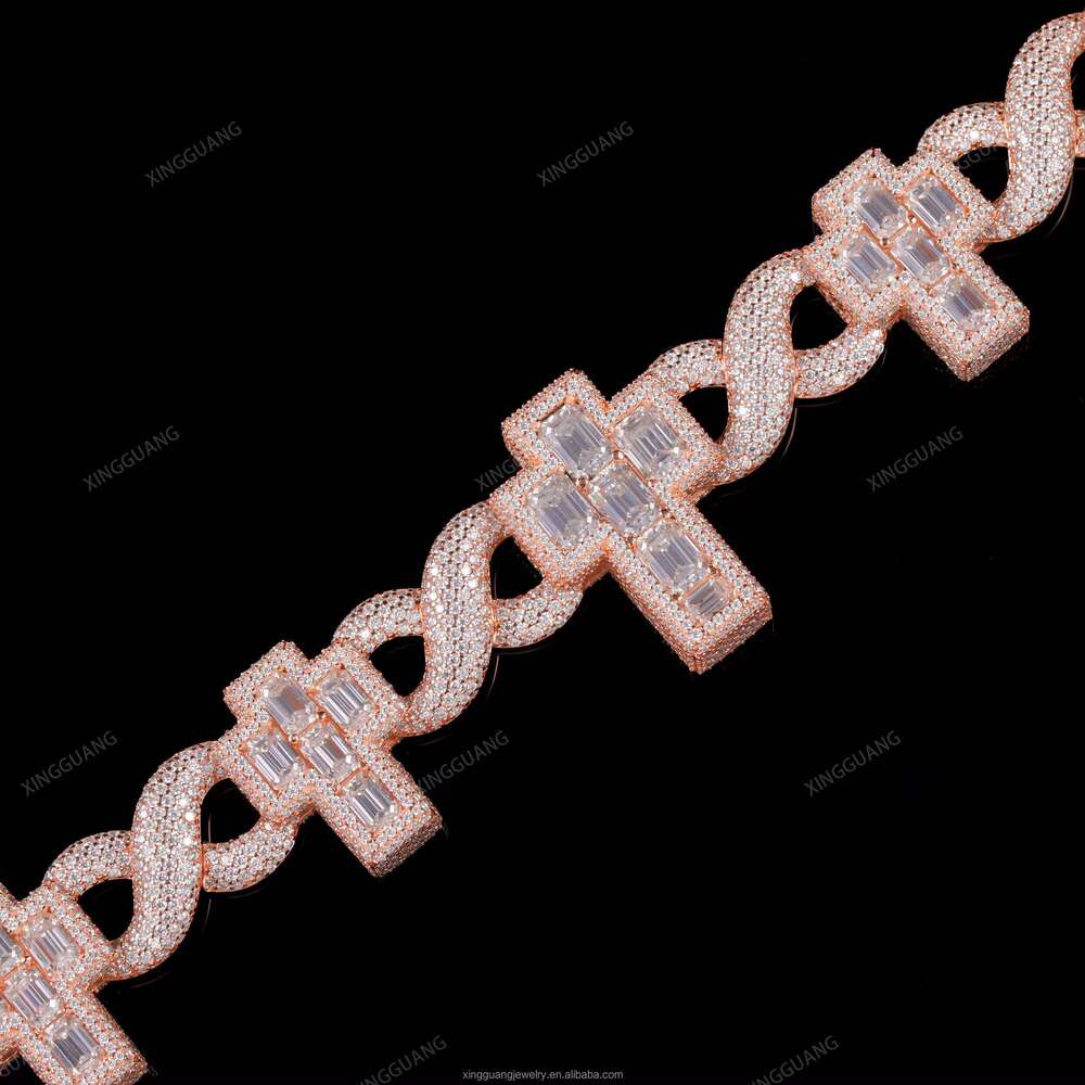 XingGuang Rapper Jewelry Iced Out Cross Design Moissanite Necklace Hip Hop Bracelet Sier Cuban Link Chain