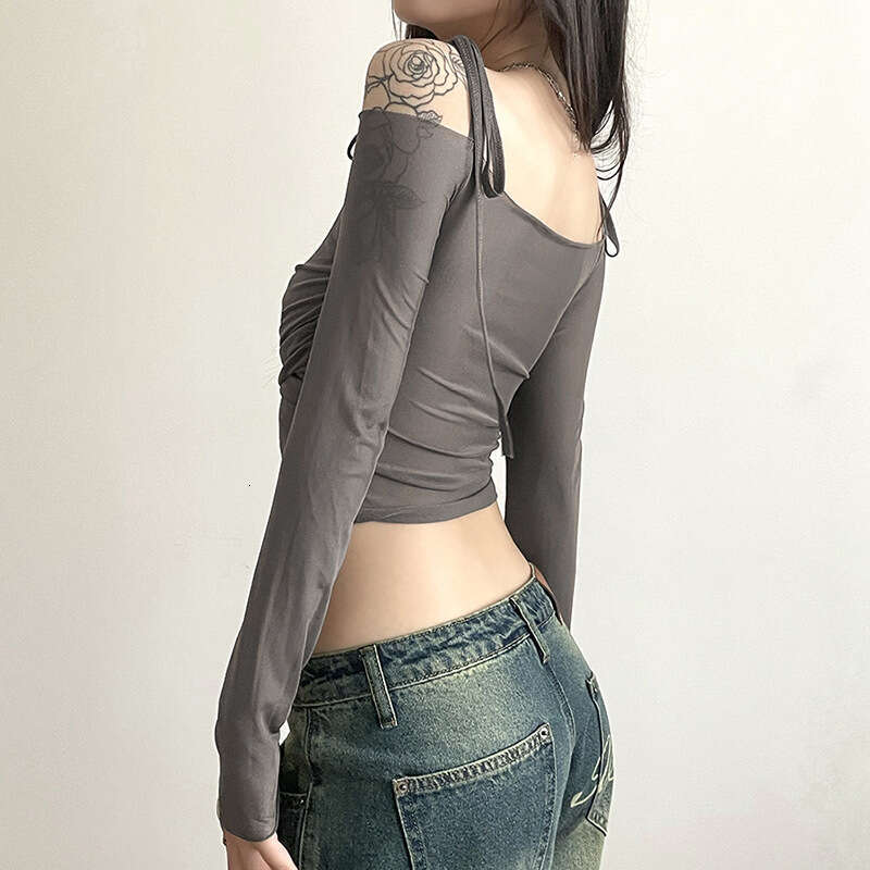2023 Summer New Women's Solid Color Slim Fit Crop Top Street Fashion Off-Shoulder Long Sleeve T-Shirt b04