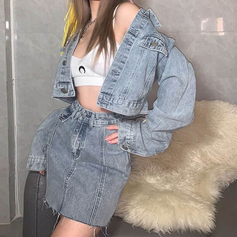 2021 Autumn New Women's Solid Color Cropped Lapel Long Sleeve Jacket Fashion High Waist Skirt f27